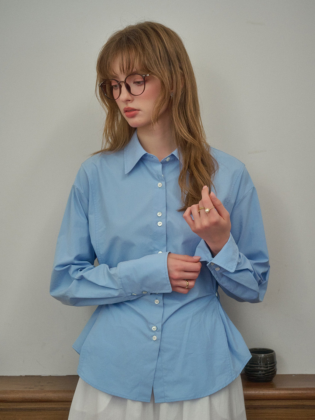 Daphne Simple Lapel Waist Blouse - Blue