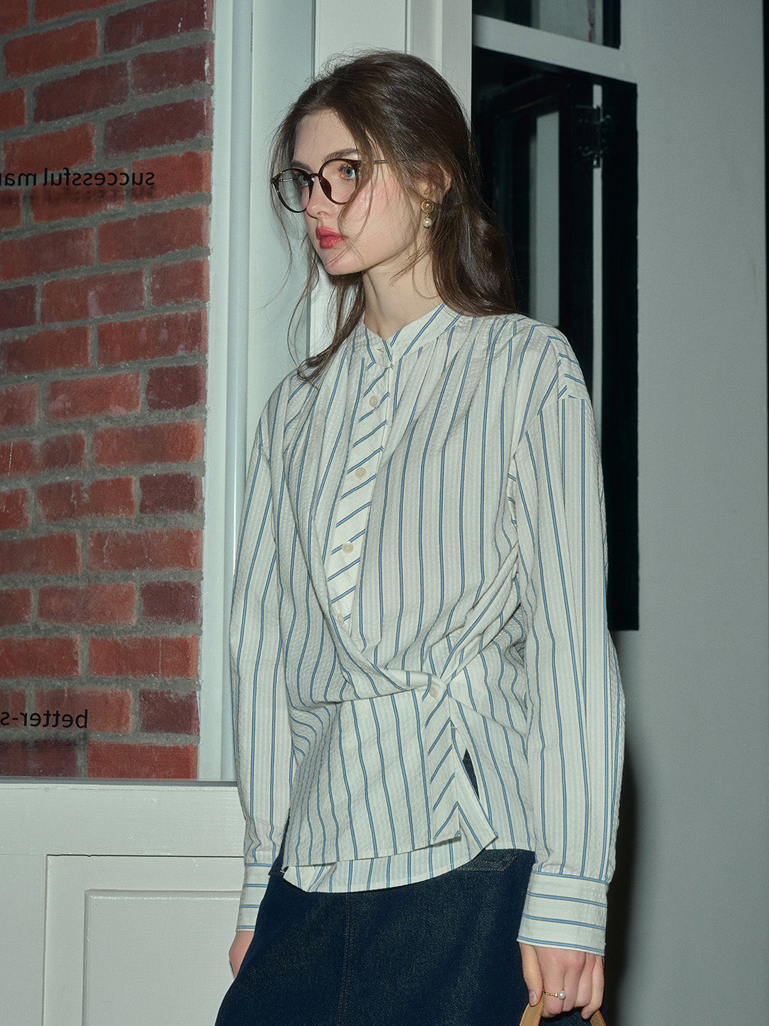 Adelaide Stand Collar Stripes Blouse