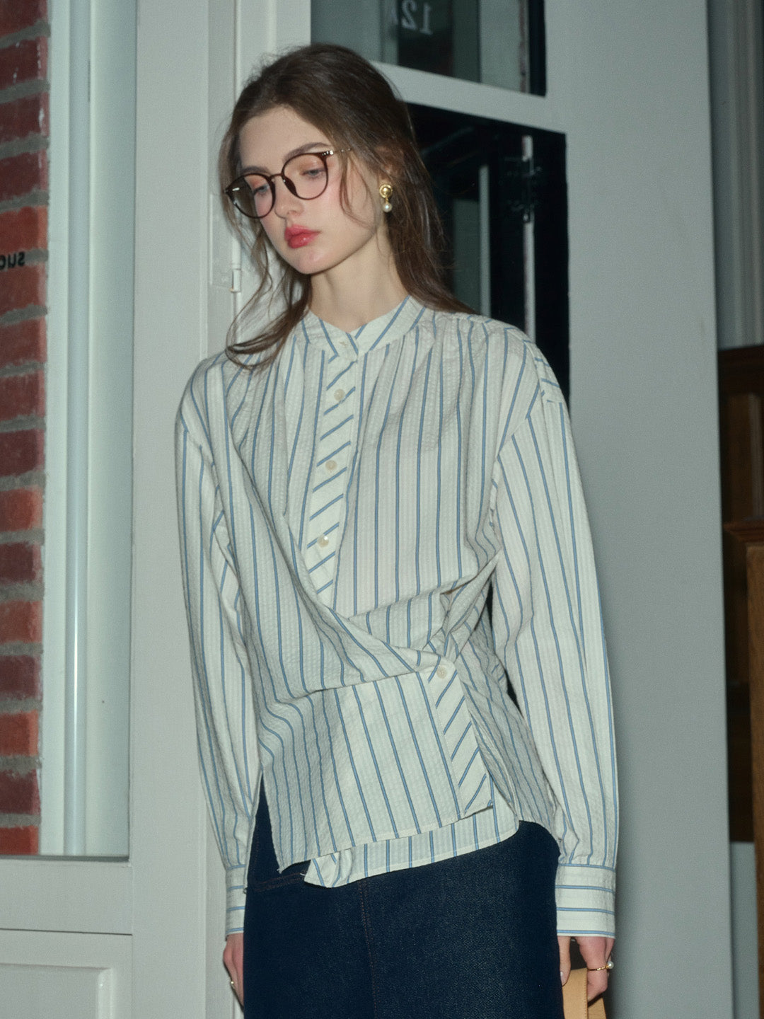 Adelaide Stand Collar Stripes Blouse