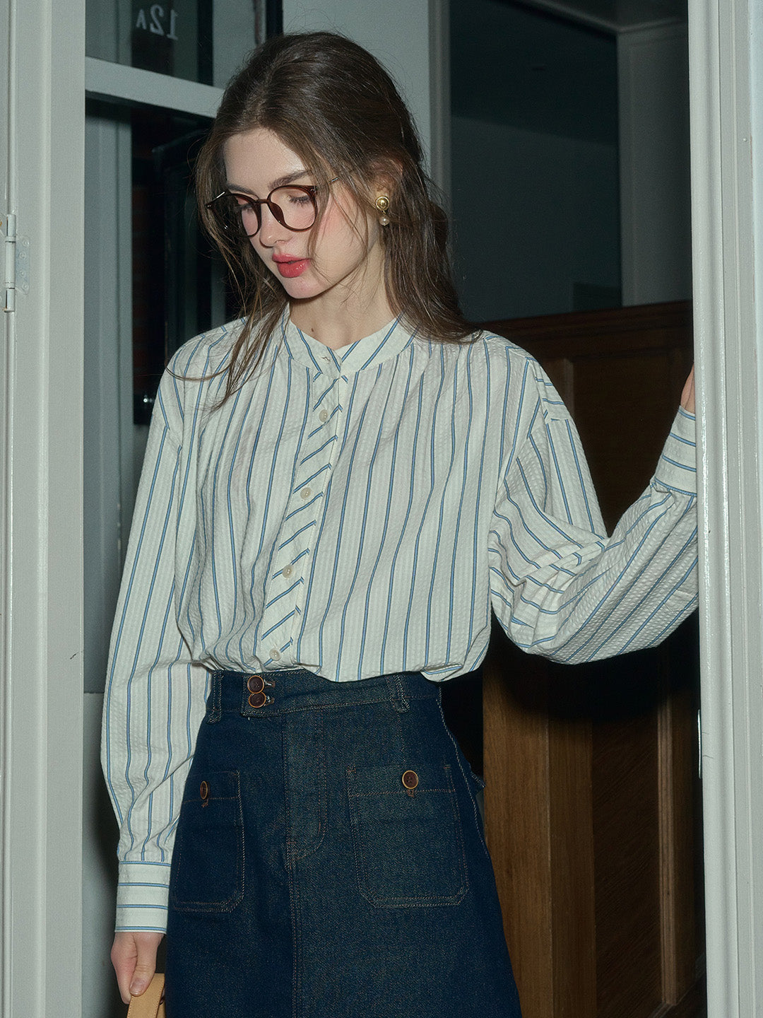 Adelaide Stand Collar Stripes Blouse