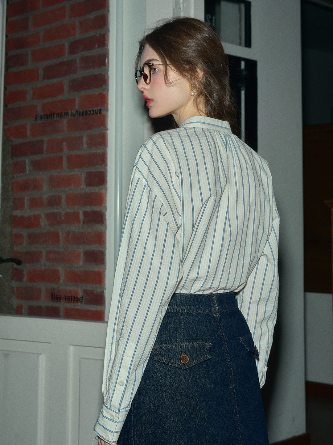 Adelaide Stand Collar Stripes Blouse