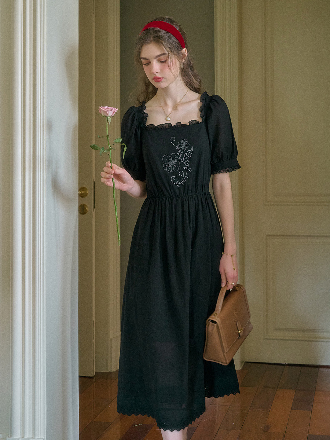 Rina Square Neck Embroidery Dress