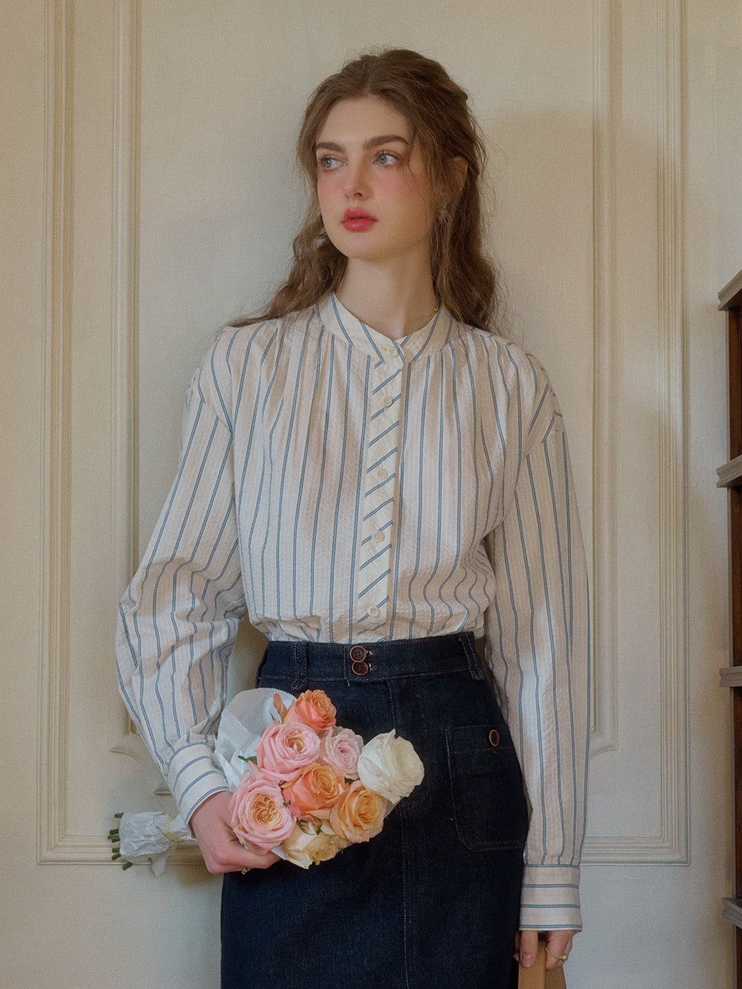 Adelaide Stand Collar Stripes Blouse