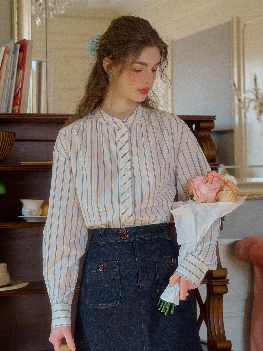 Adelaide Stand Collar Stripes Blouse