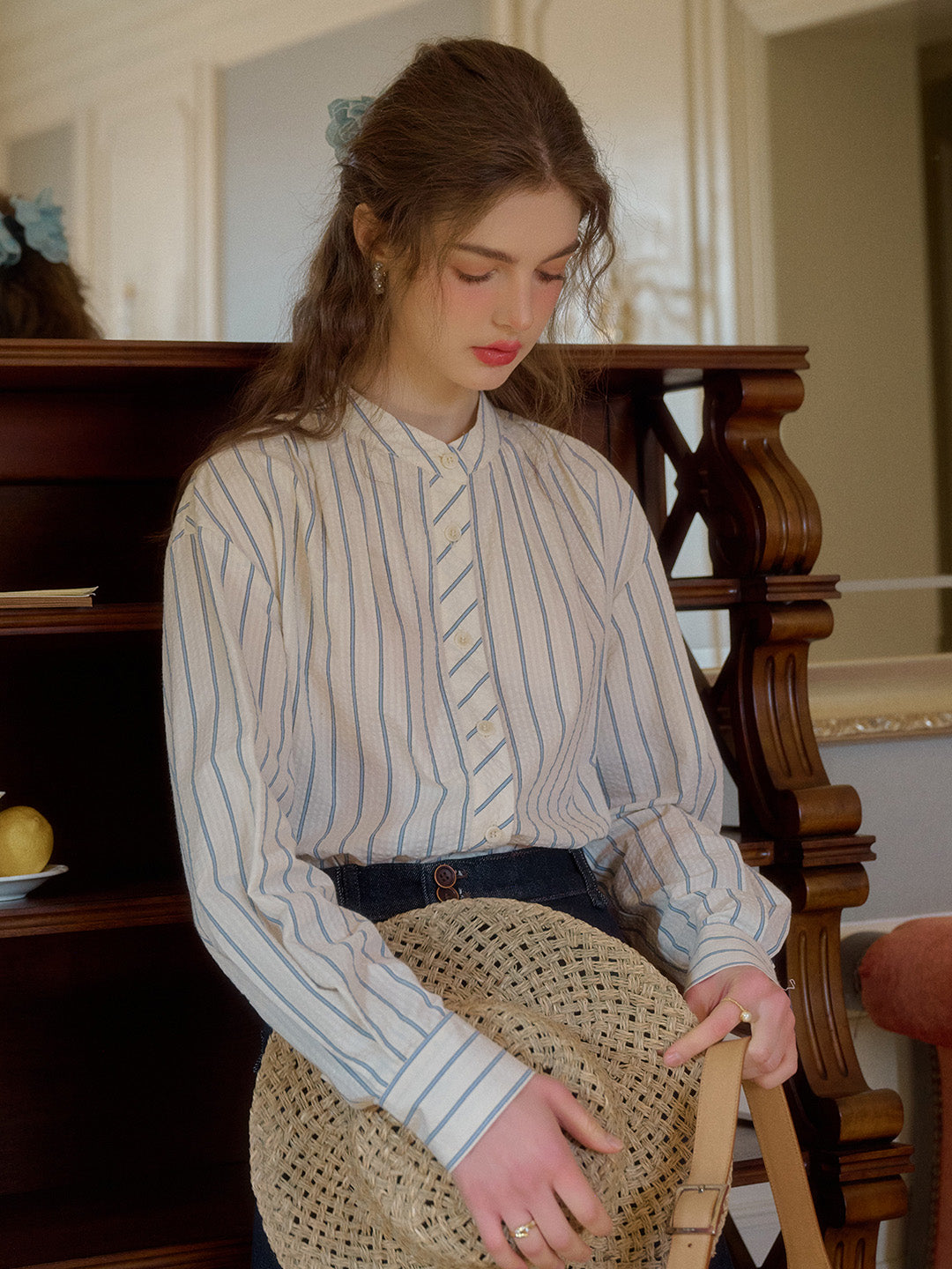 Adelaide Stand Collar Stripes Blouse