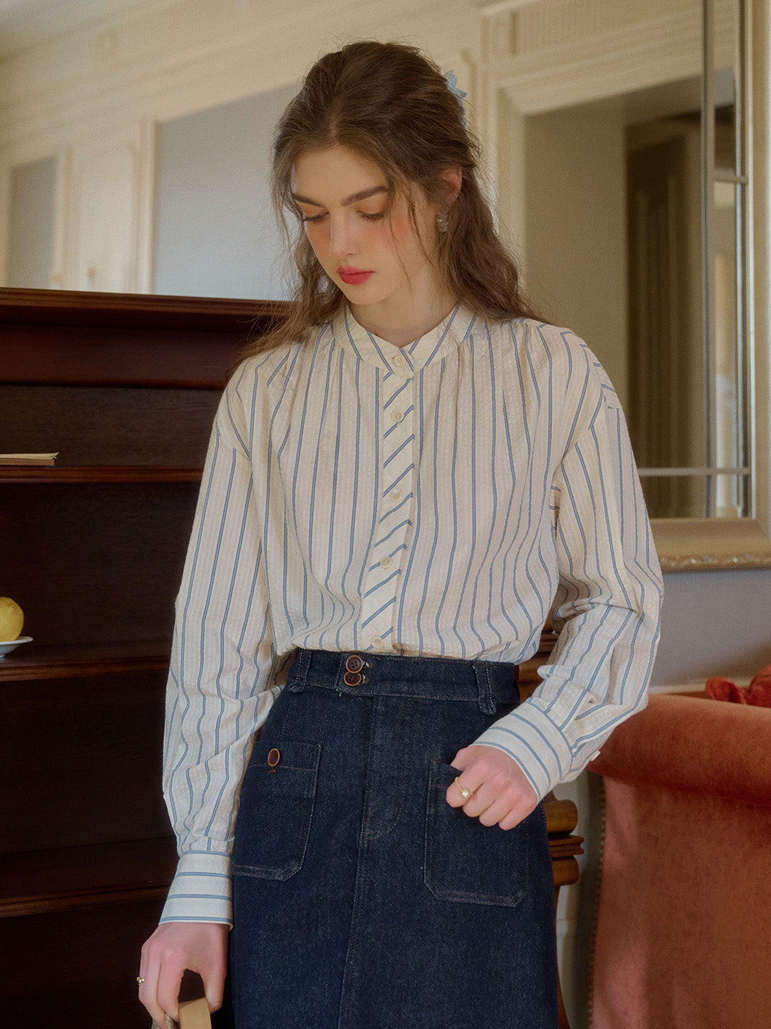 Adelaide Stand Collar Stripes Blouse