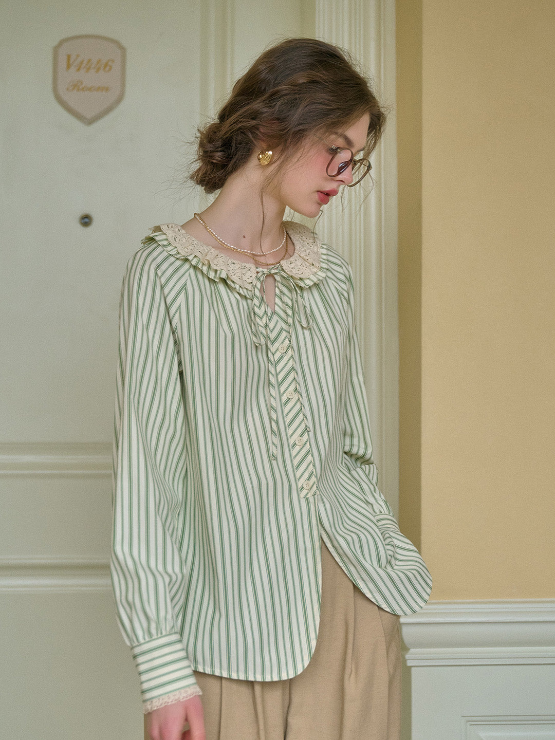 Harper Round Neck Lace Vertical Lines Shirt