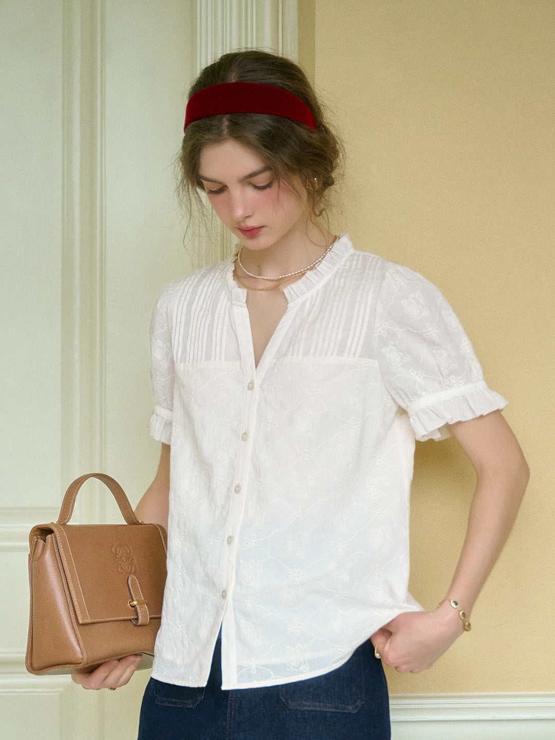 Kinnie V-Neck Embroidery Cotton Top