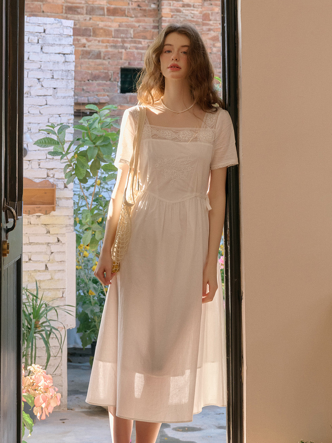 Sia Square Neck Embroidery White Cotton Dress