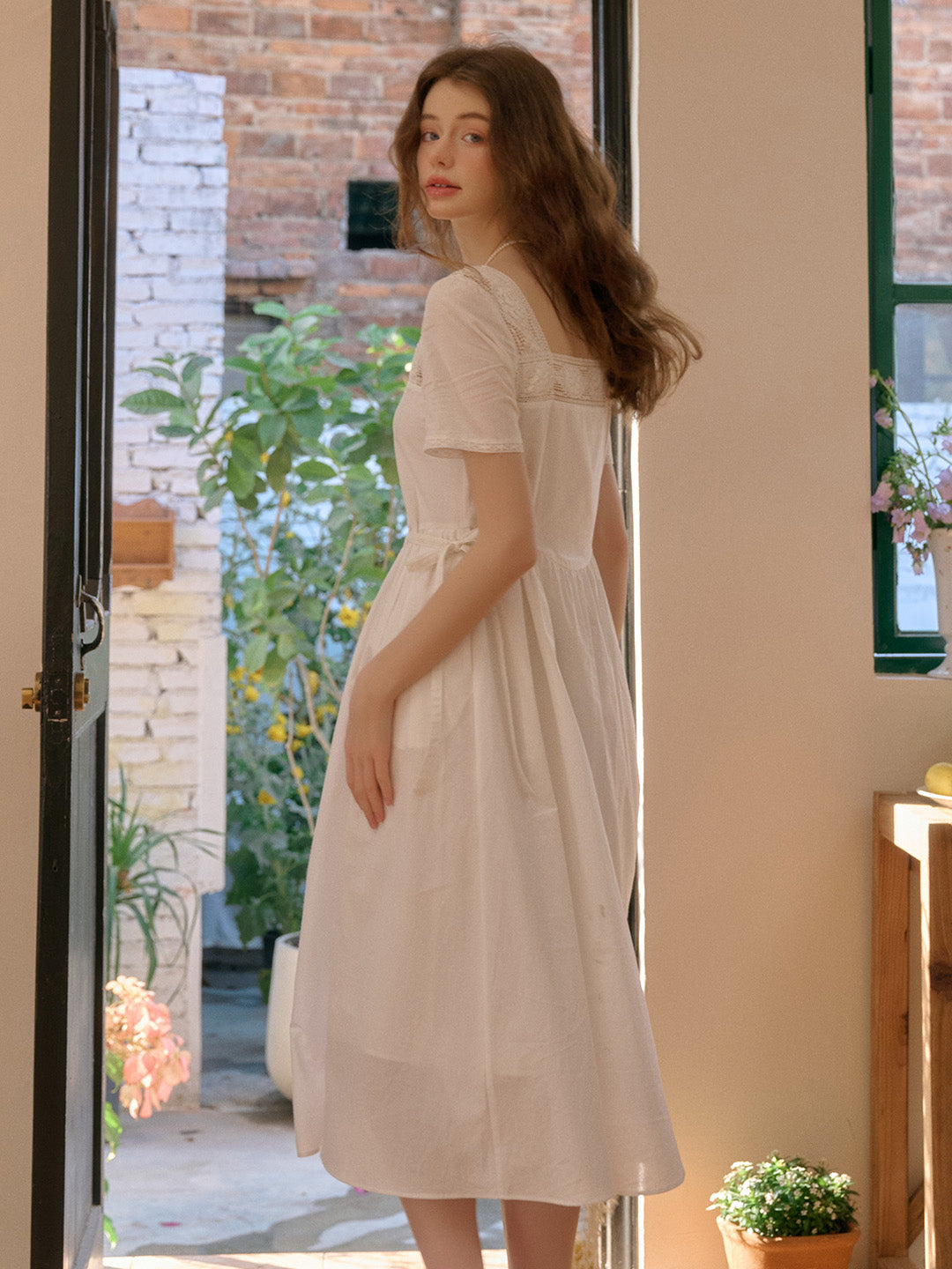 Sia Square Neck Embroidery White Cotton Dress