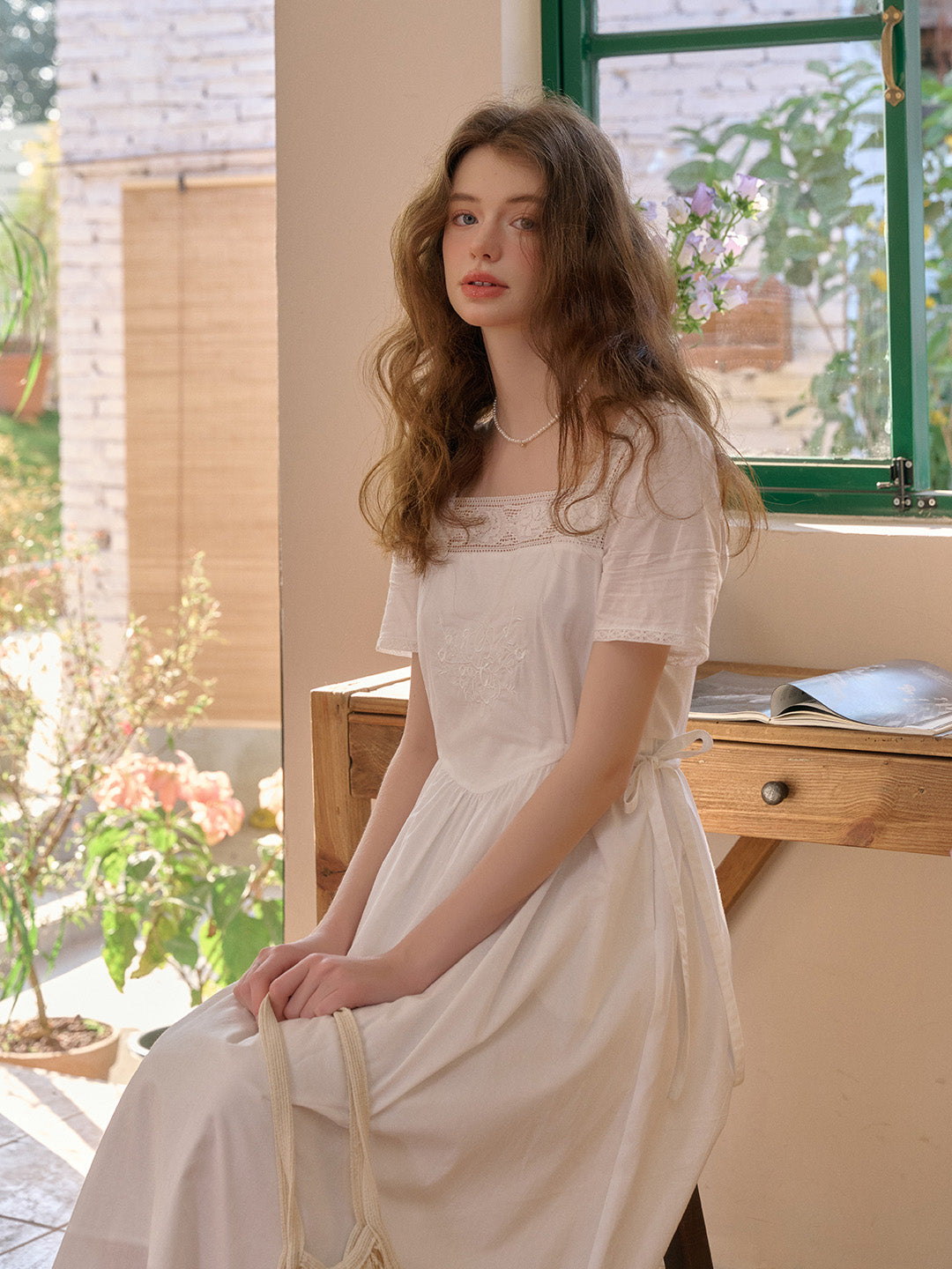 Sia Square Neck Embroidery White Cotton Dress