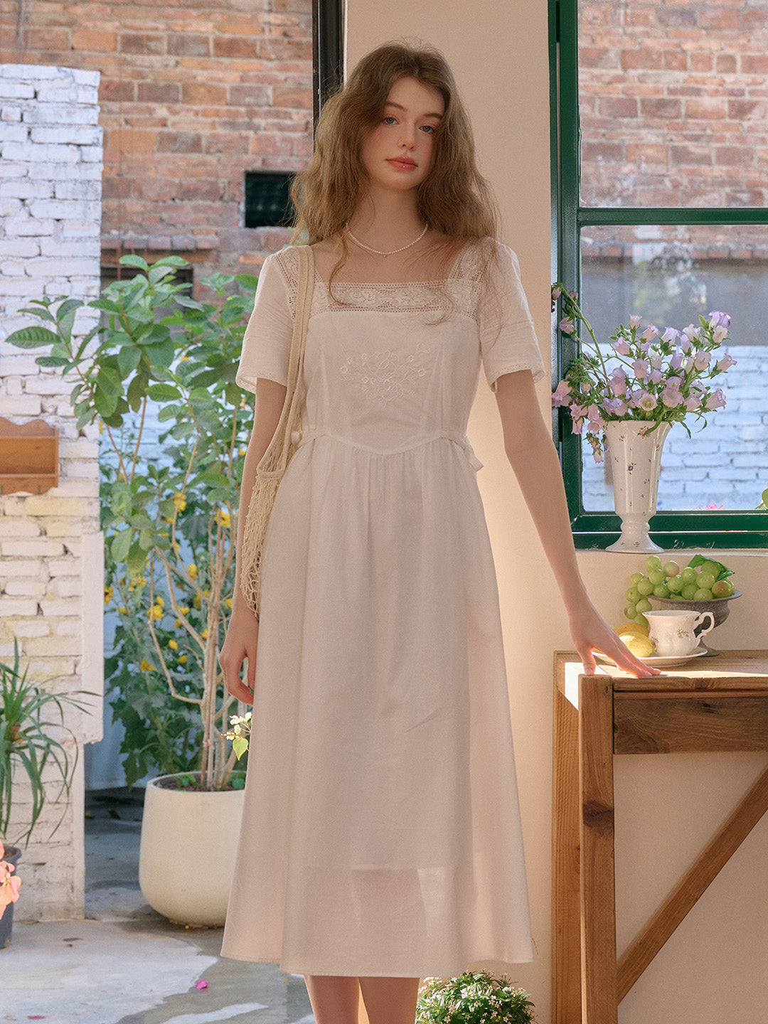 Sia Square Neck Embroidery White Cotton Dress