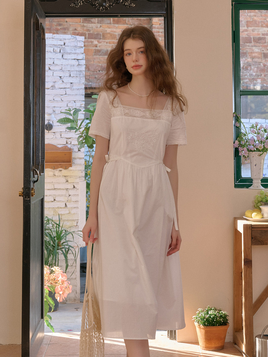 Sia Square Neck Embroidery White Cotton Dress