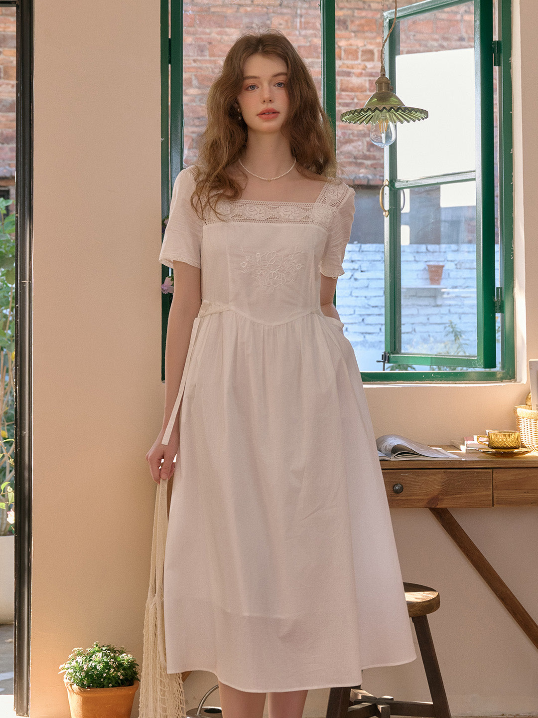 Sia Square Neck Embroidery White Cotton Dress