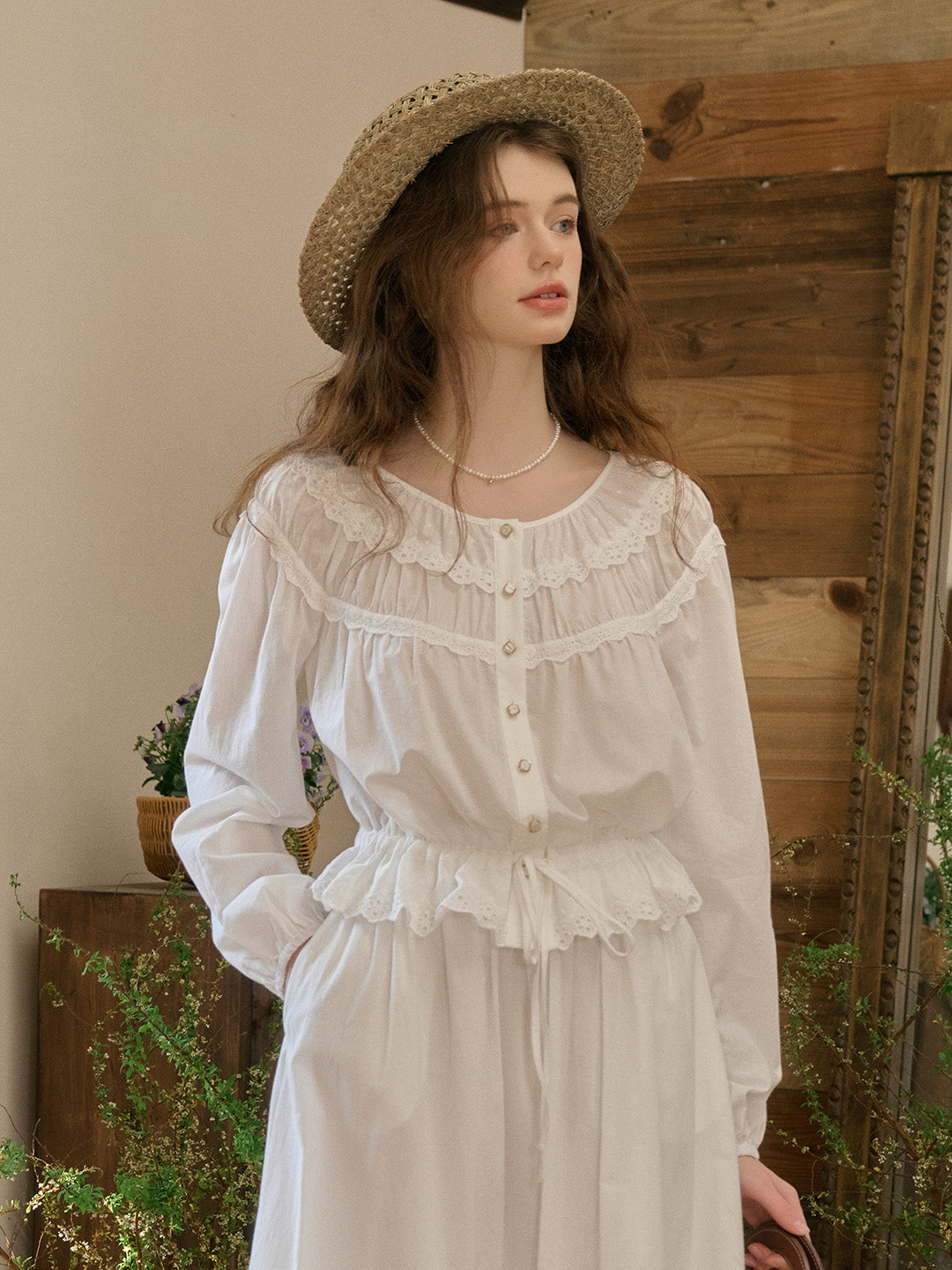 Isabella Round Neck Lace Cotton Blouse