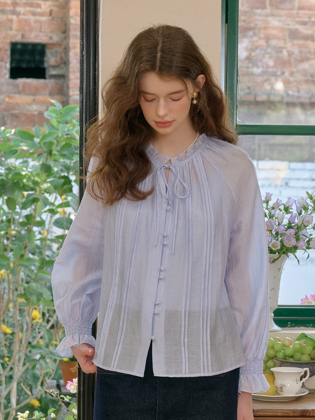 Sana Ruffle Collar Tie Blouse - Blue