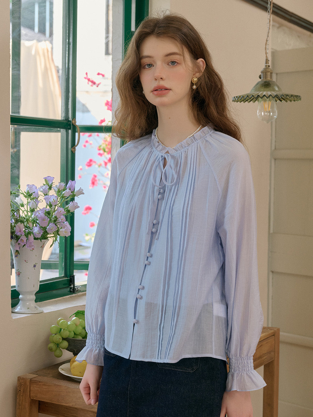 Sana Ruffle Collar Tie Blouse - Blue