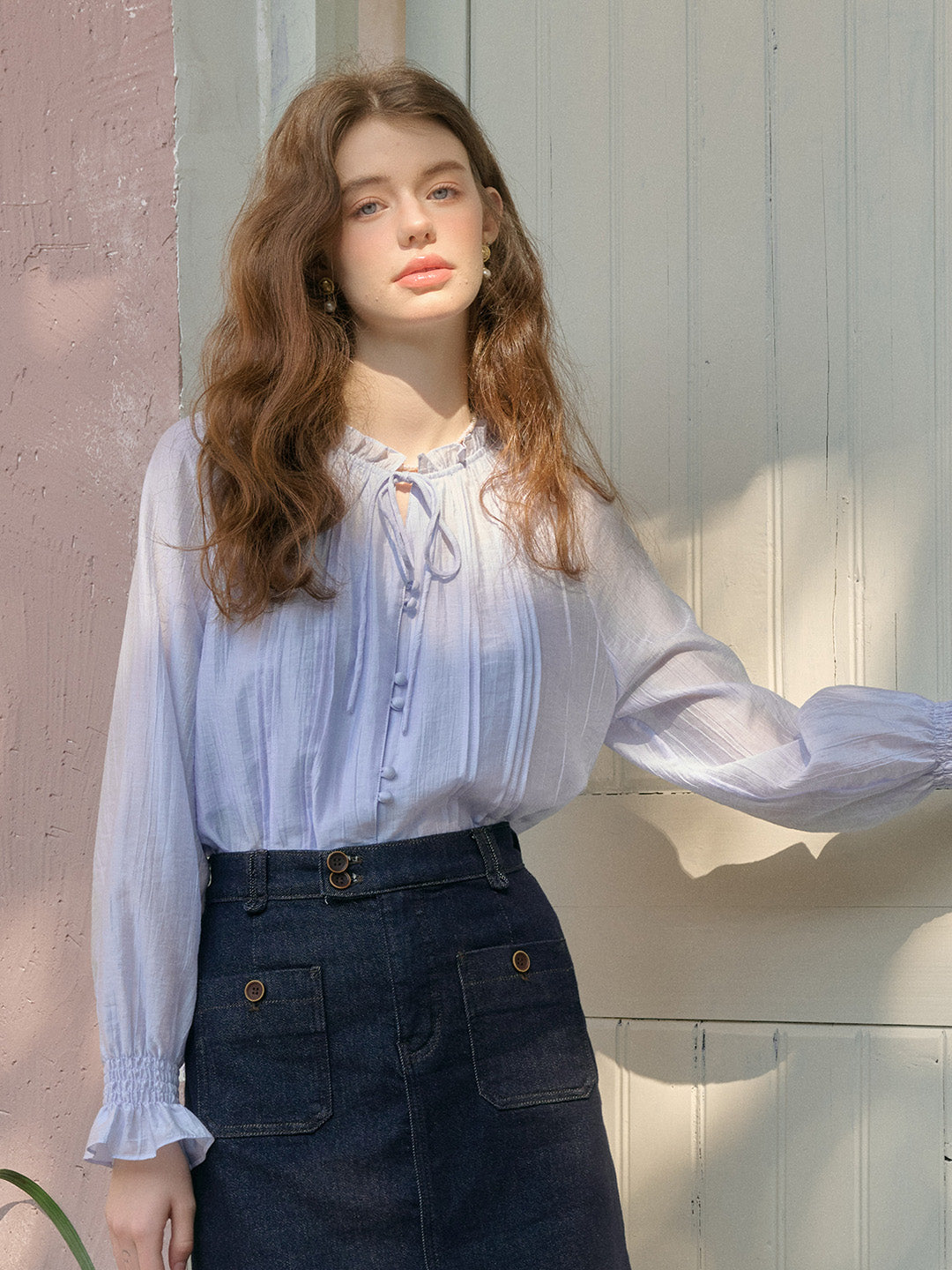 Sana Ruffle Collar Tie Blouse - Blue