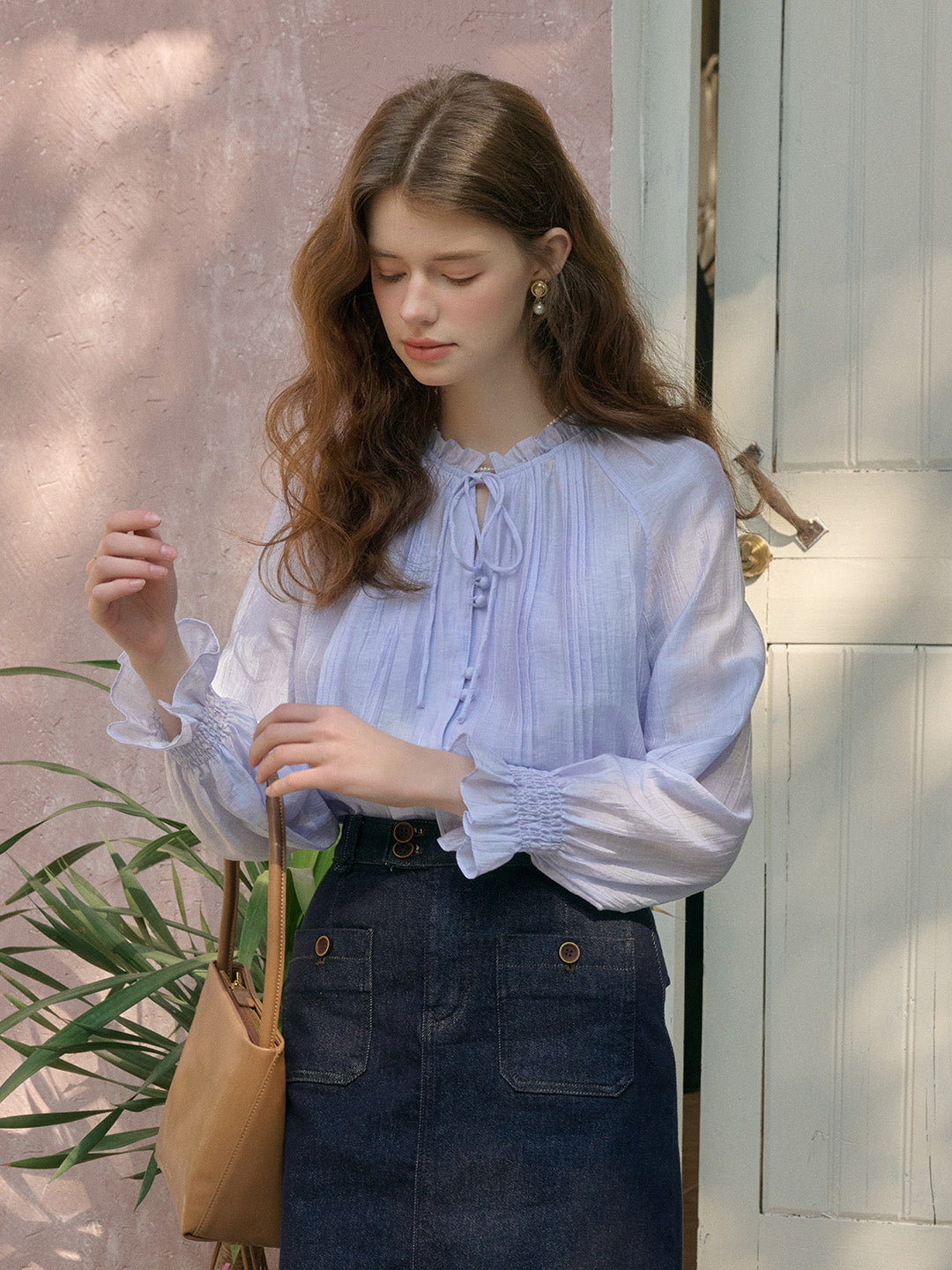 Sana Ruffle Collar Tie Blouse - Blue