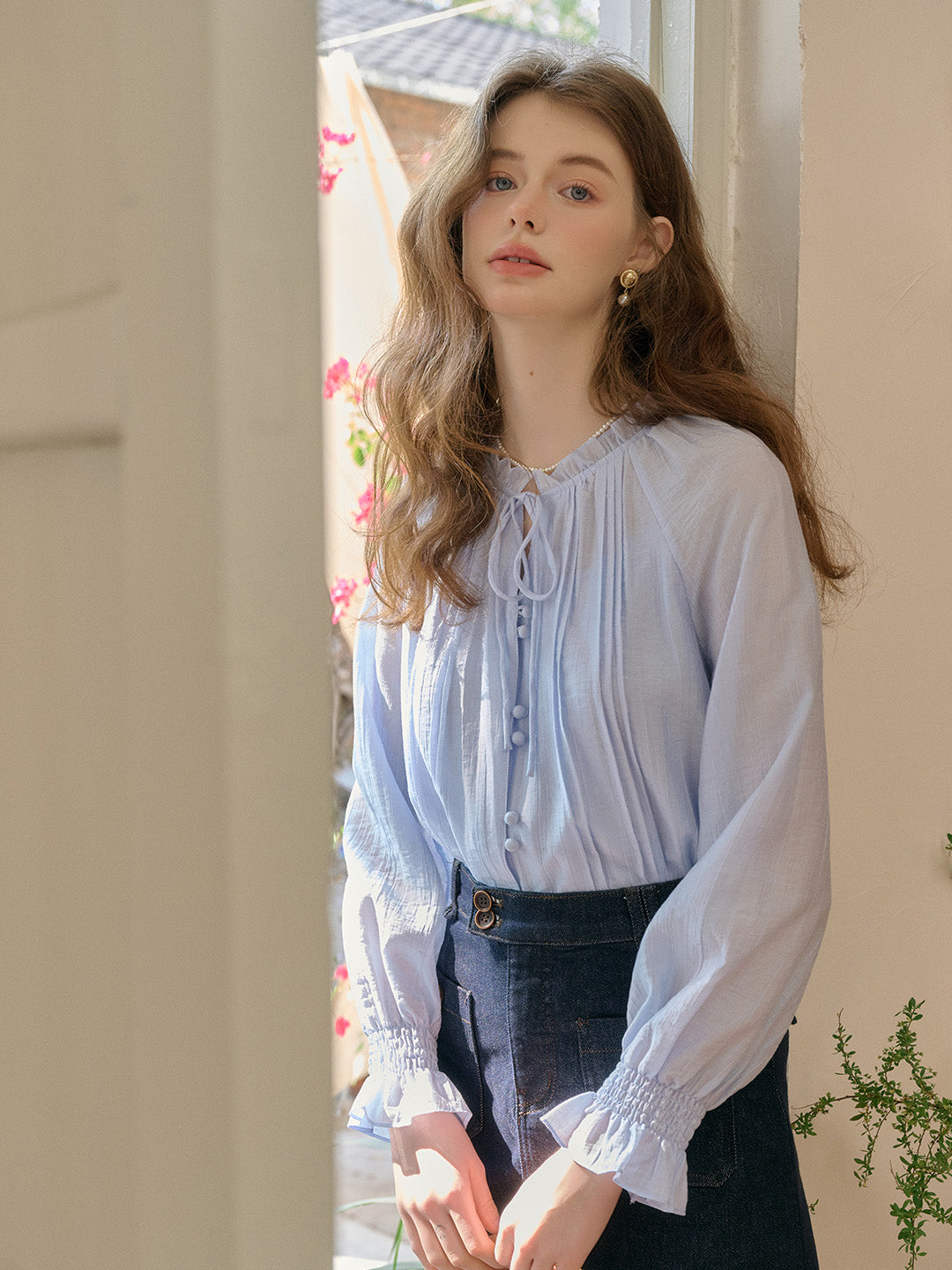 Sana Ruffle Collar Tie Blouse - Blue