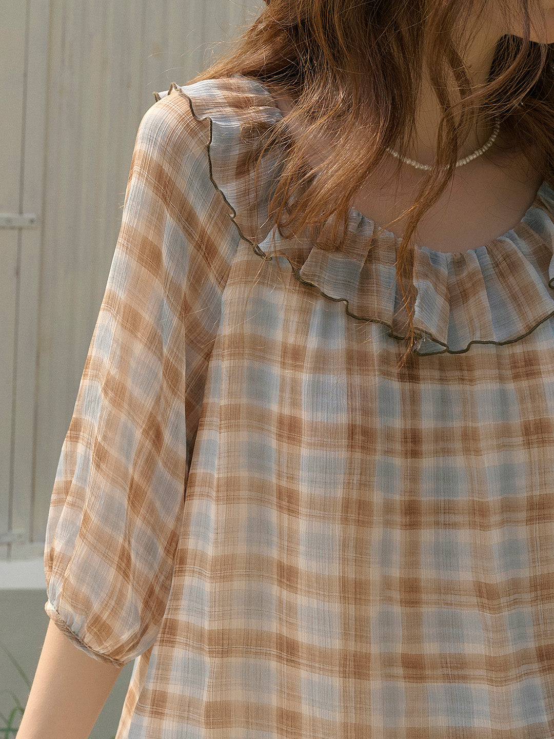 Melanie Ruffle Neck Plaid Blouse