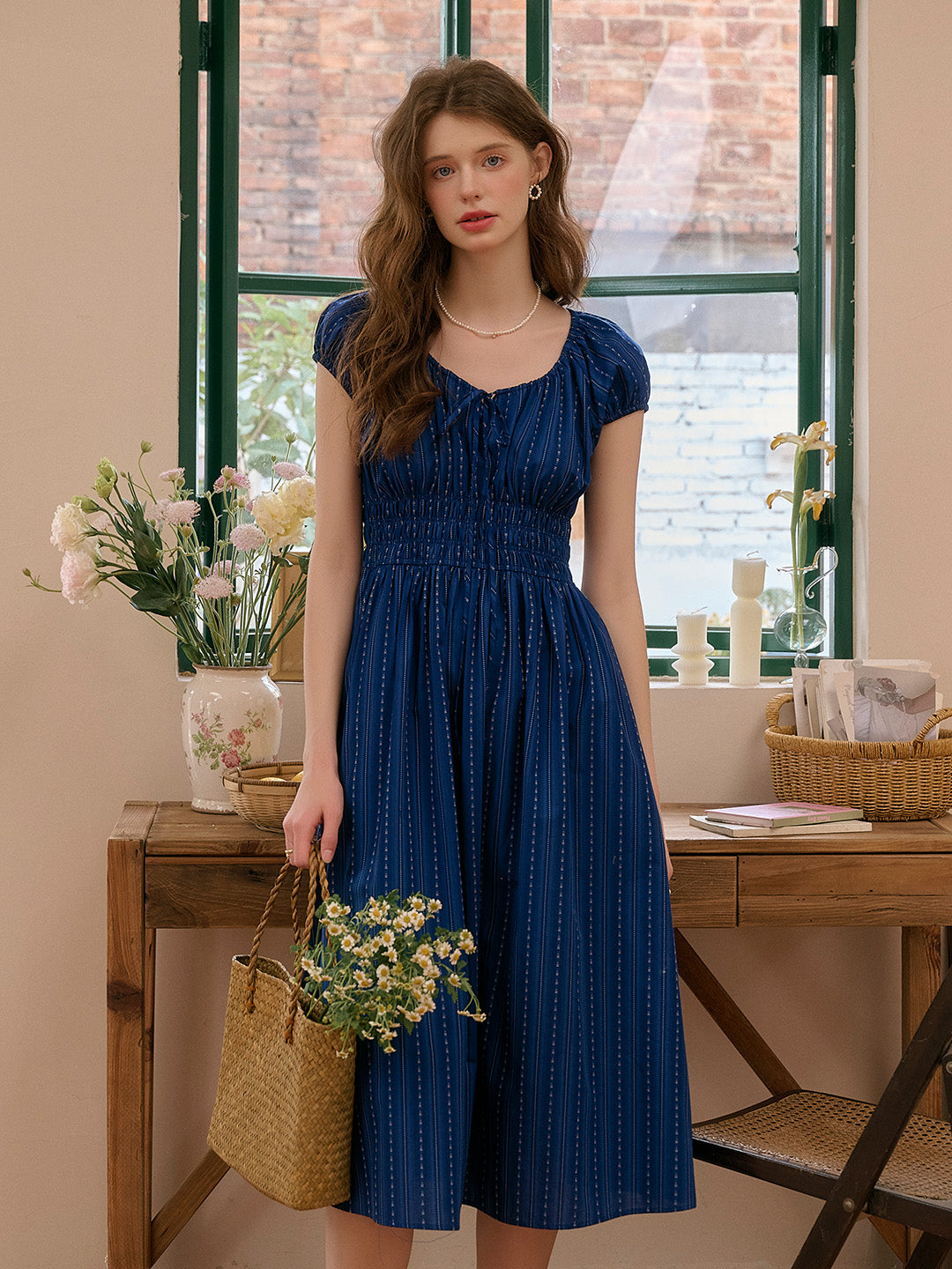 Sapphire Round Neck Waist Cotton Dress