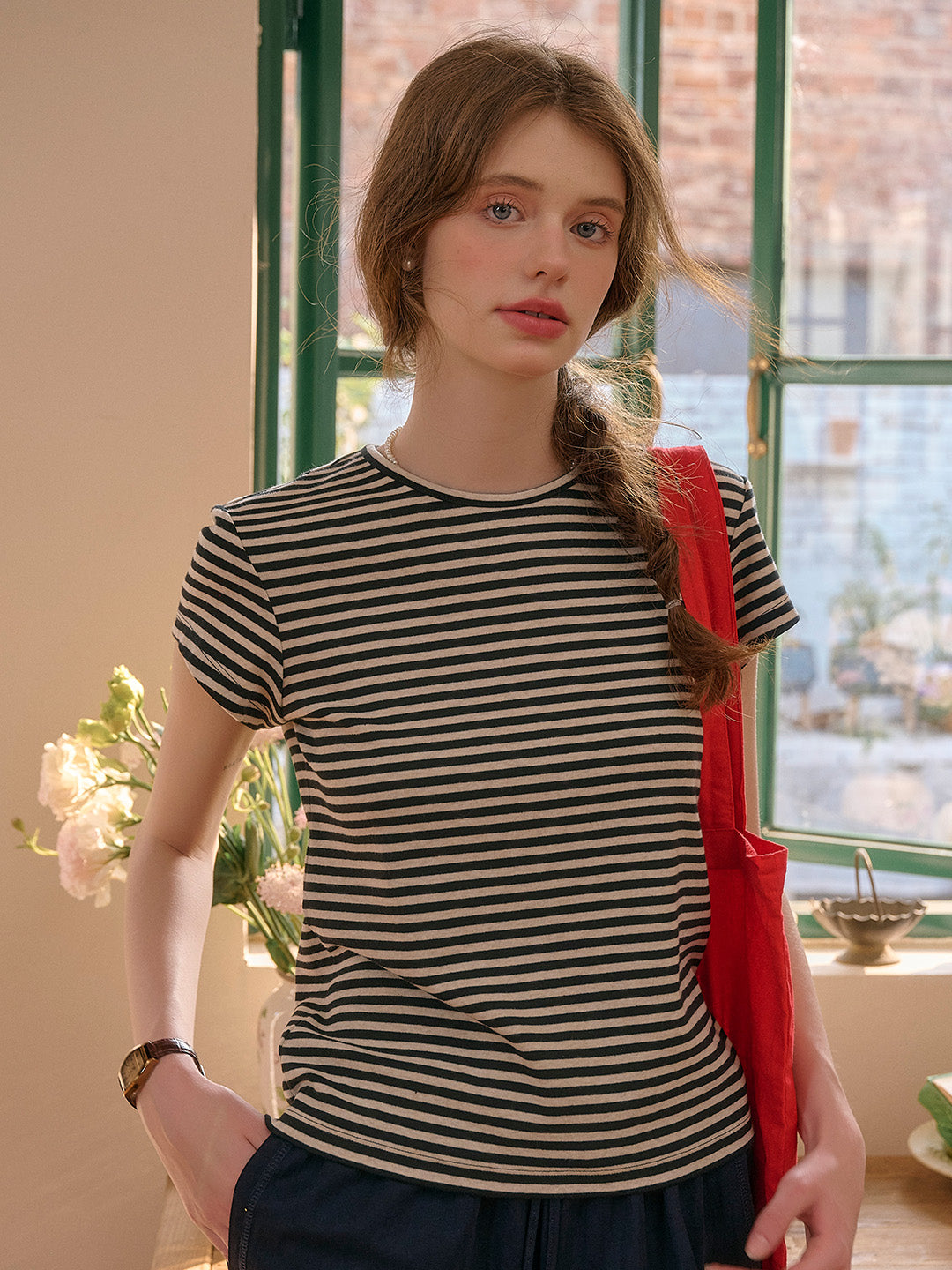 Hallie Simple Round Neck Striped Top - Brown