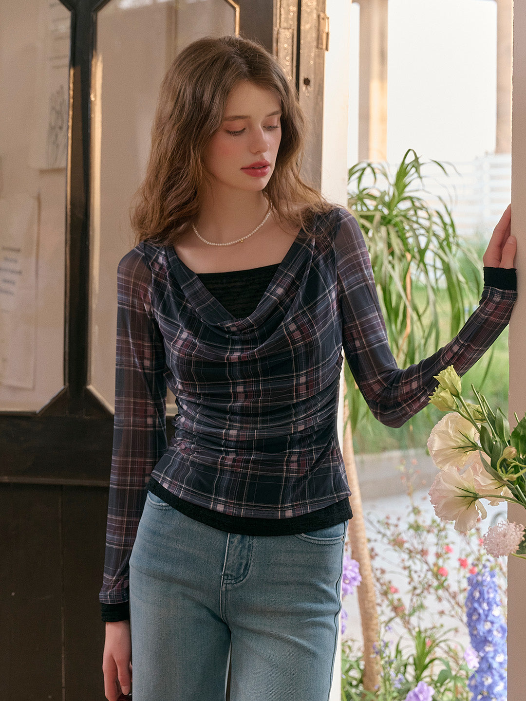 Samara Cowl Neck Plaid Blouse