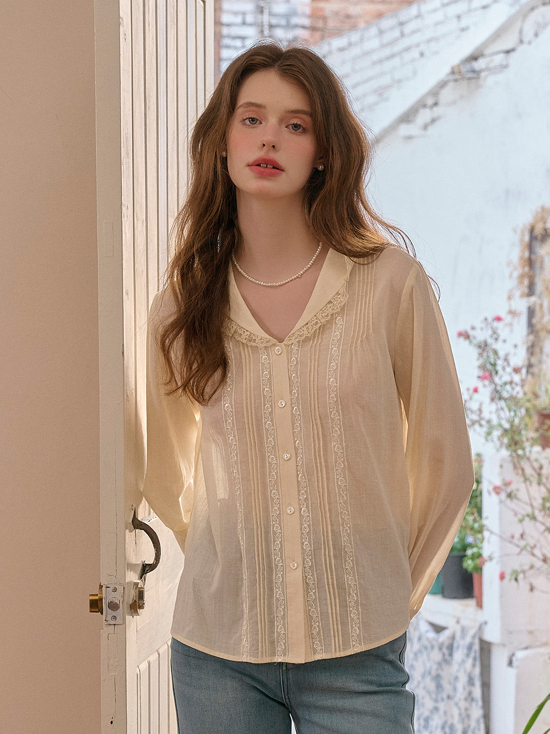 Alessa V-Neck Embroidery Cotton Blouse