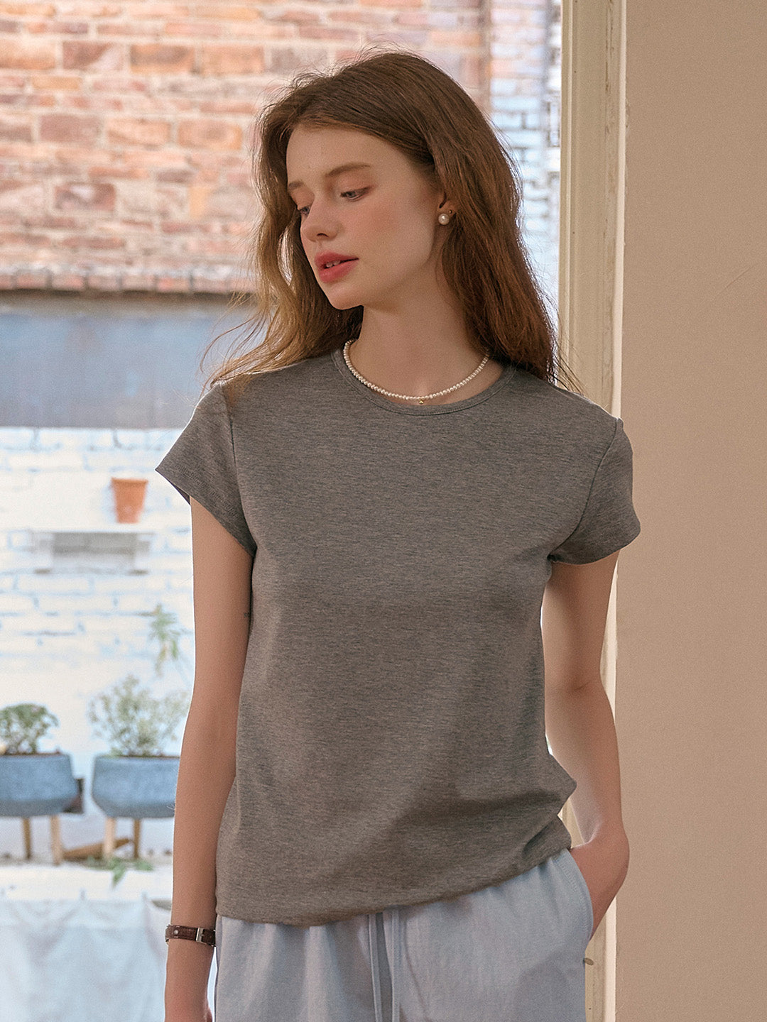 Hallie Simple Round Neck Top - Gray