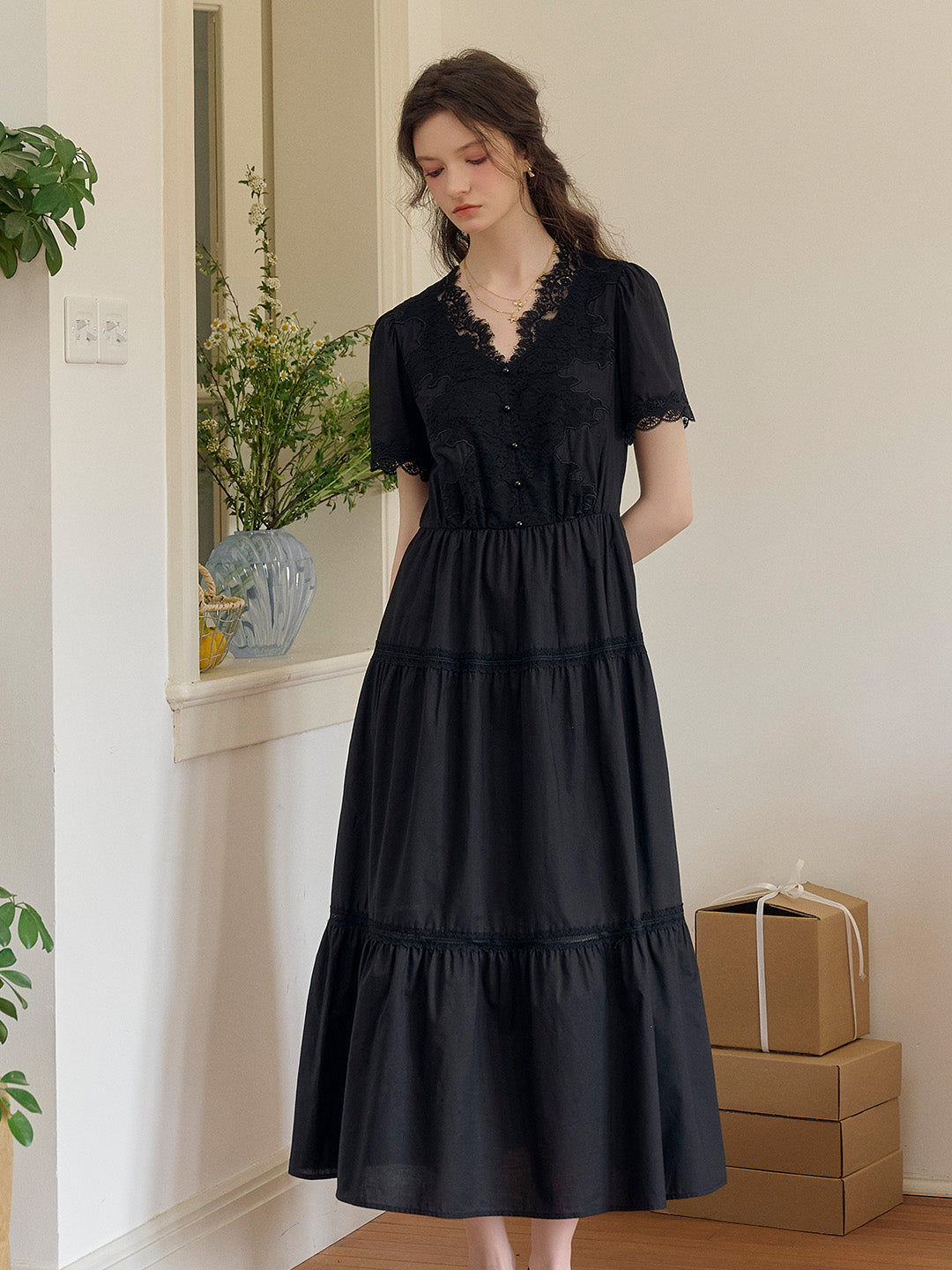 Clove V-Neck Lace Waist Cotton Dress