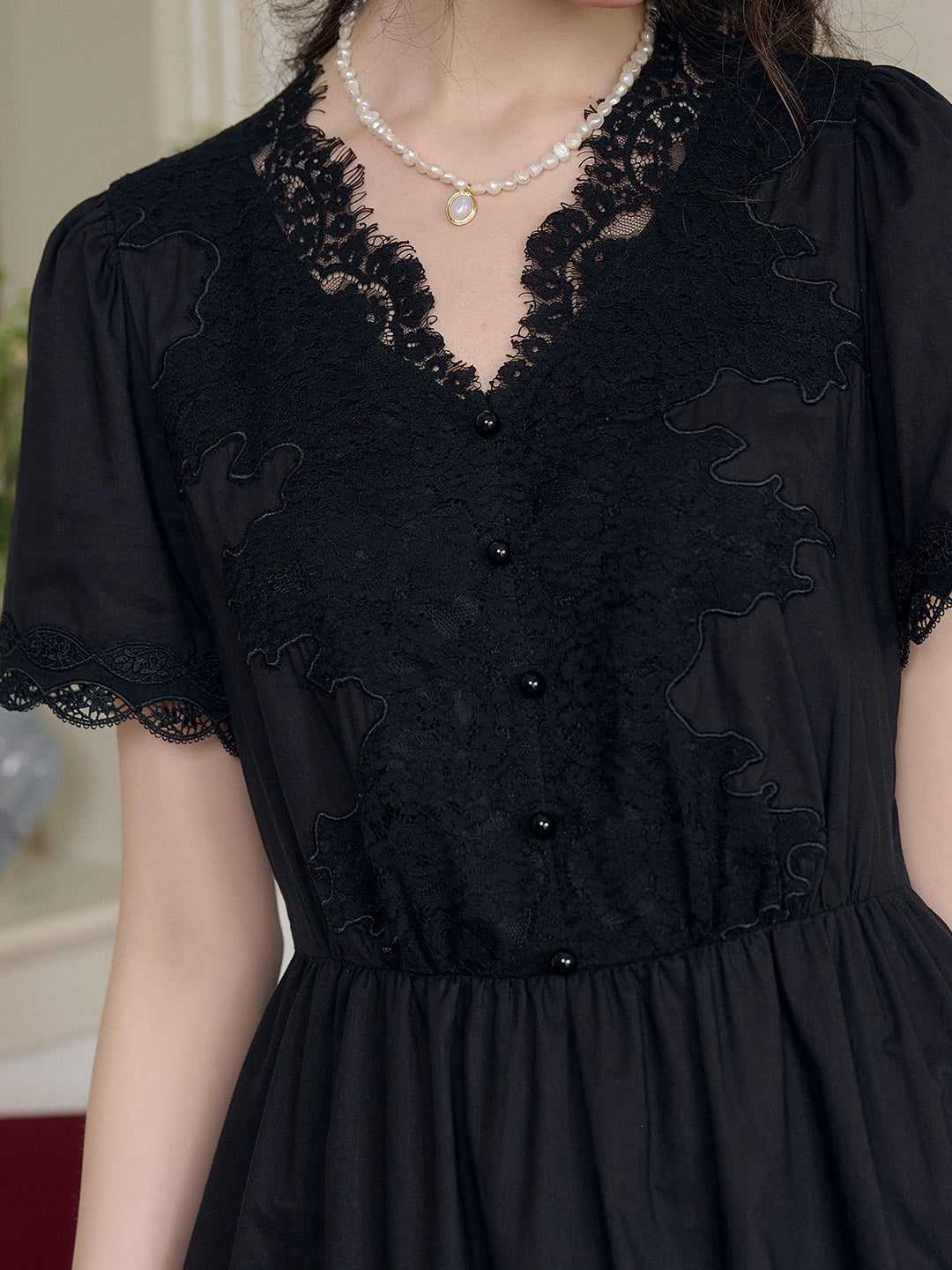 Clove V-Neck Lace Waist Cotton Dress