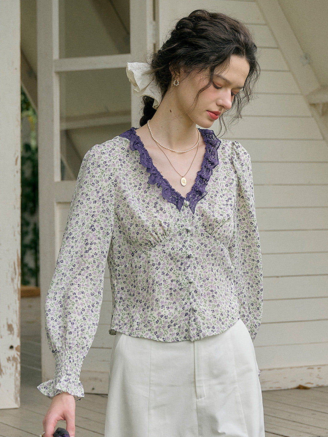 【Final Sale】Laurel V-Neck Floral Blouse - Purple