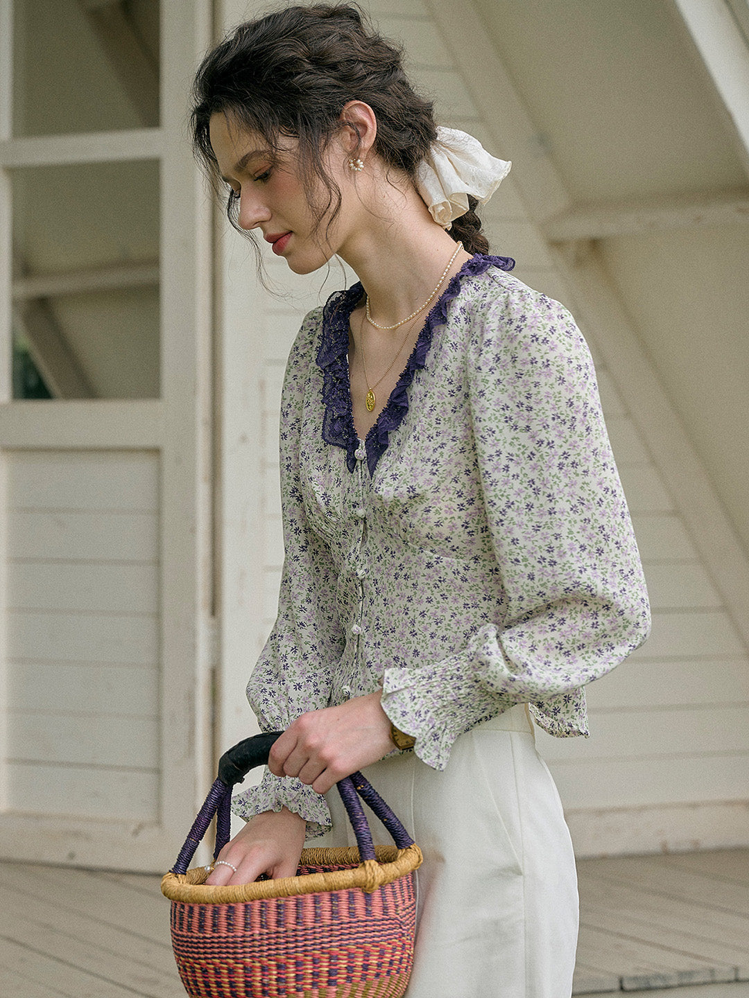 【Final Sale】Laurel V-Neck Floral Blouse - Purple