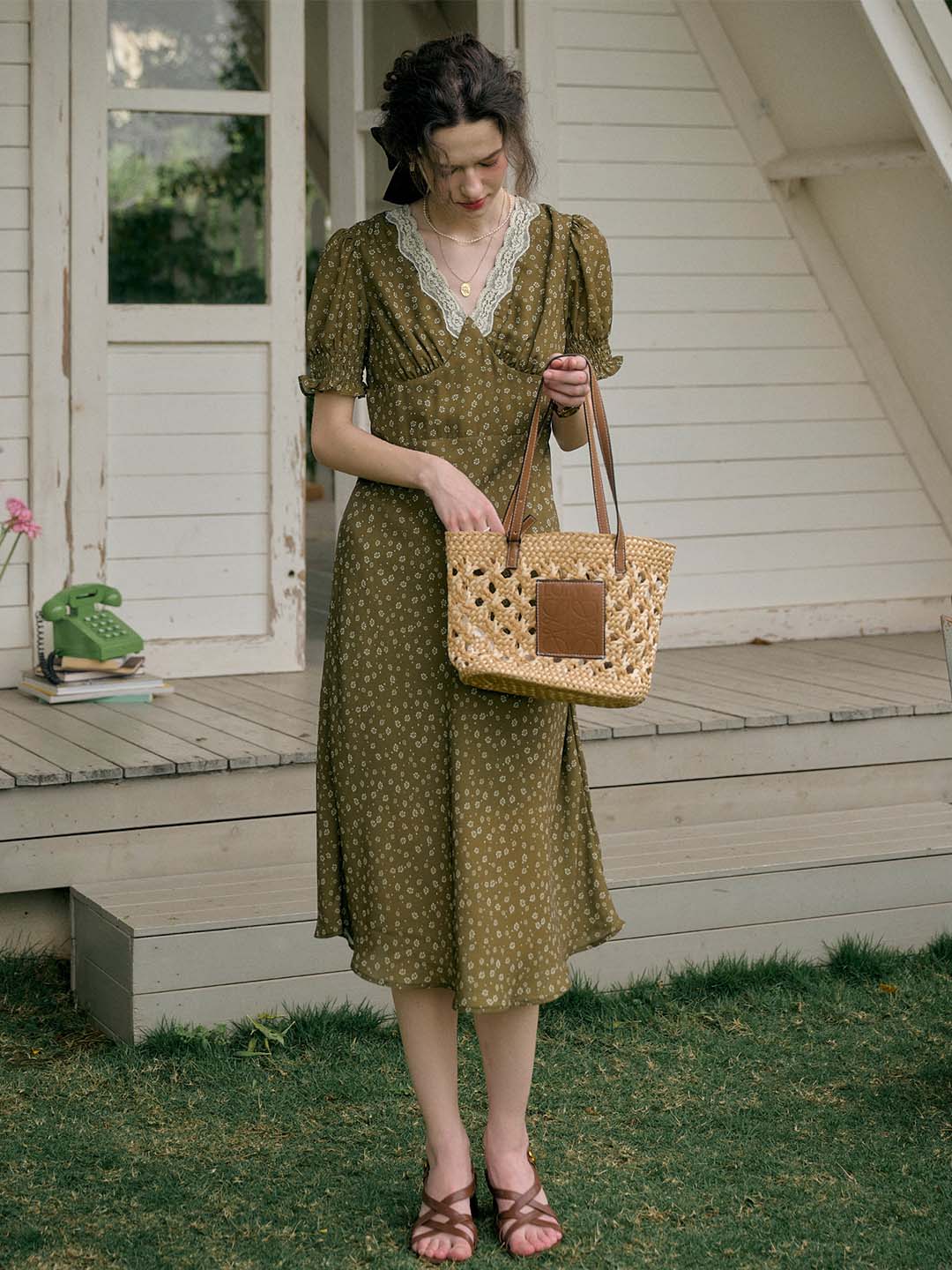 Stormi Charming V-neck Lace Trimmed Floral Print Dress - Olive Green