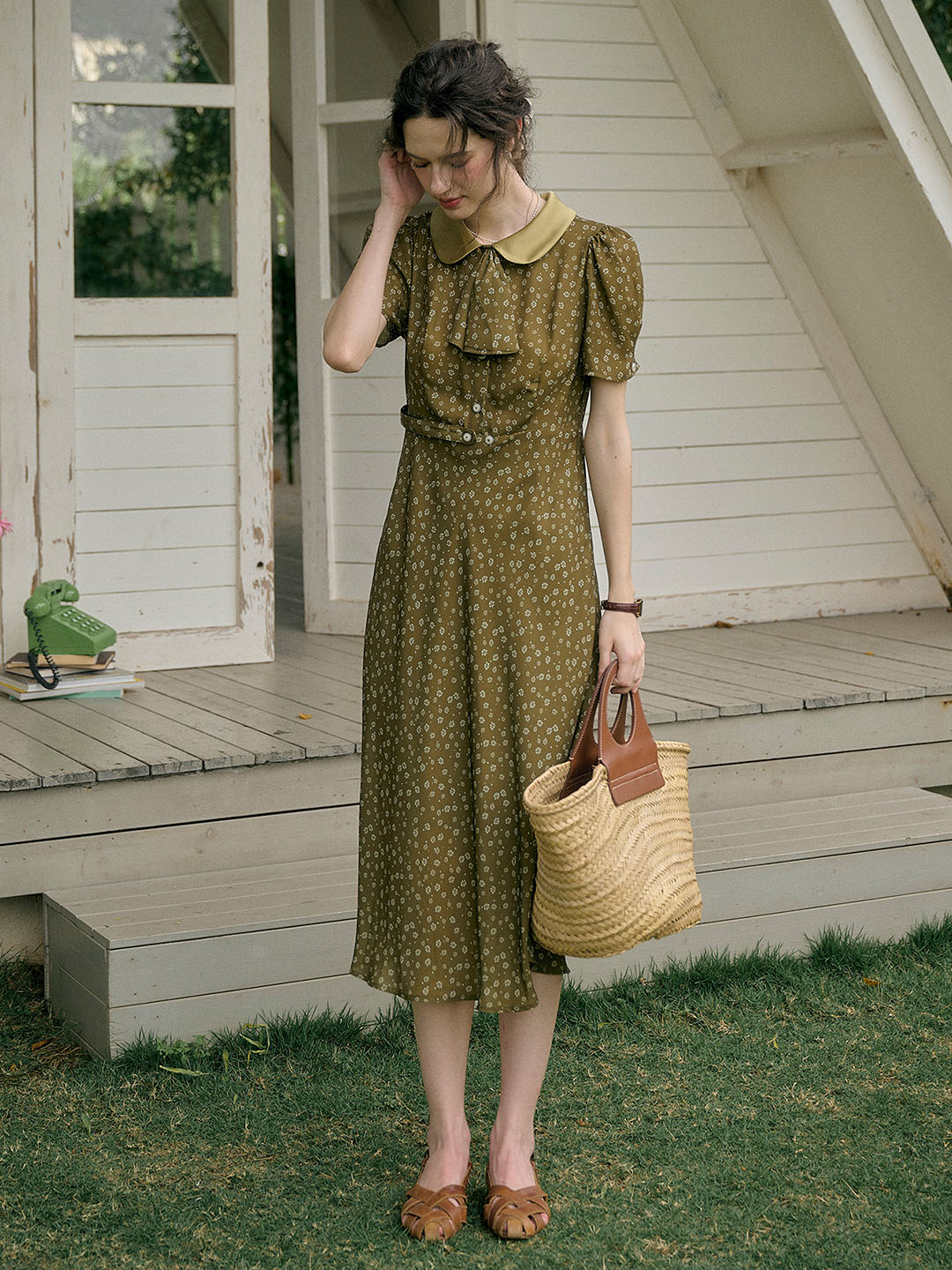 Faith Elegant Lapel Floral Dress-Olive Green