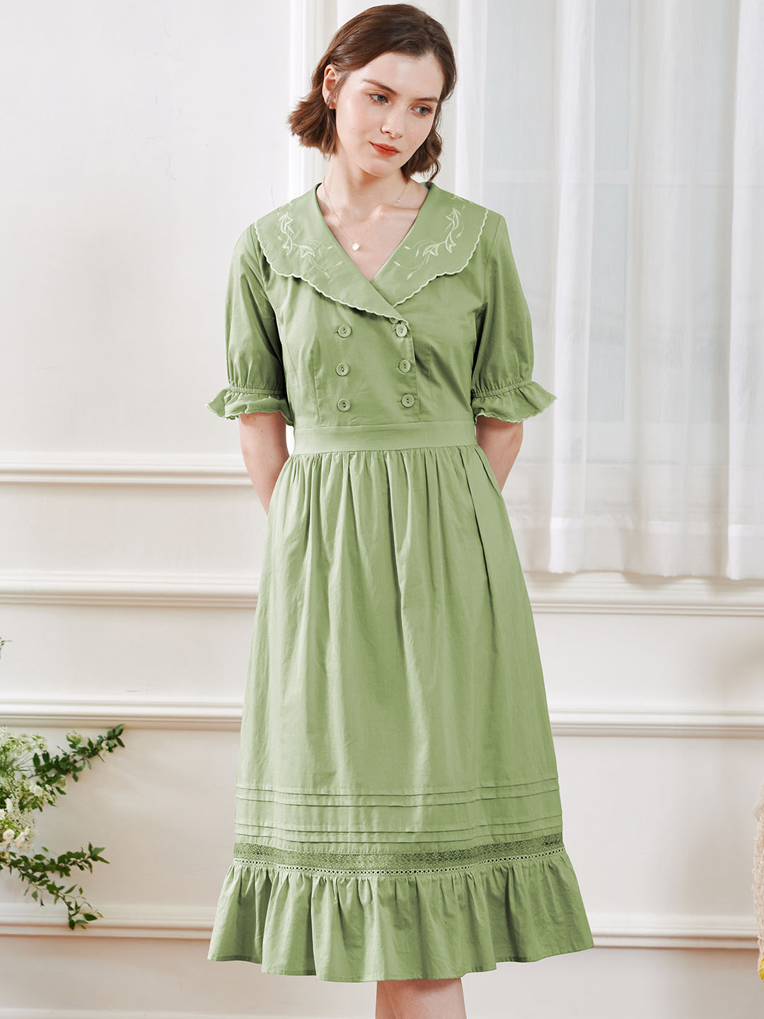 【Final Sale】Leyla Vintage Lapel Embroidered Cotton Dress