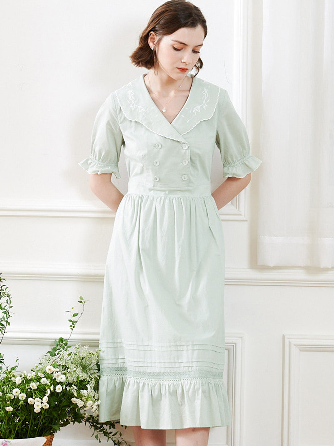 【Final Sale】Leyla Vintage Lapel Embroidered Cotton Dress