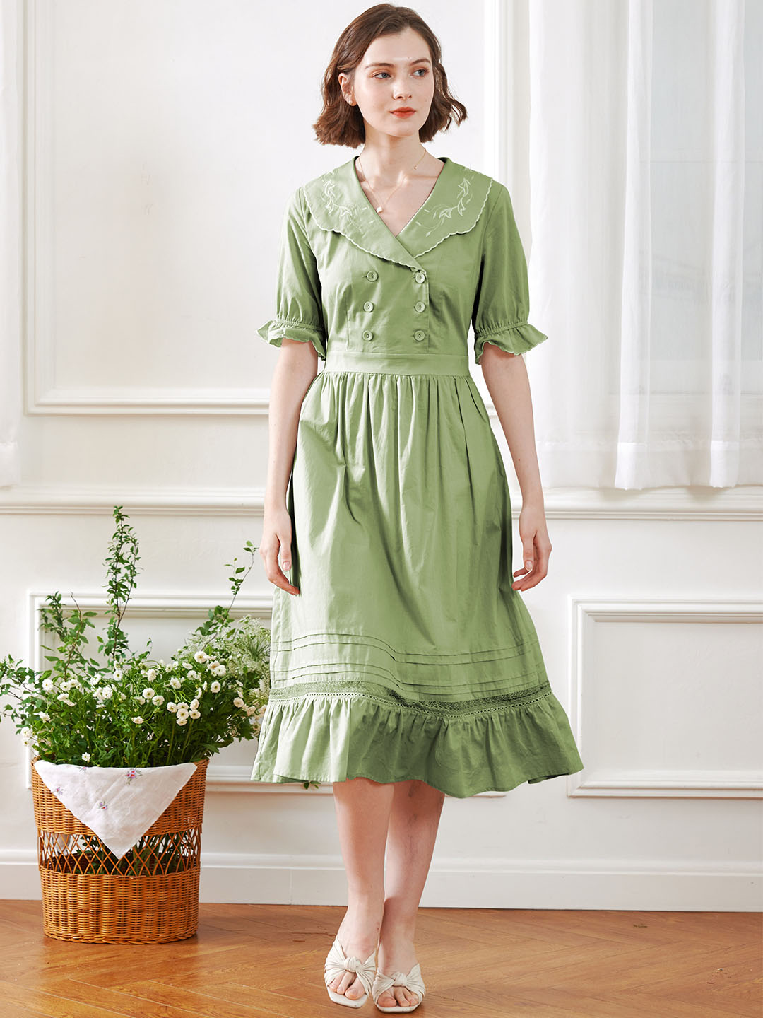 【Final Sale】Leyla Vintage Lapel Embroidered Cotton Dress