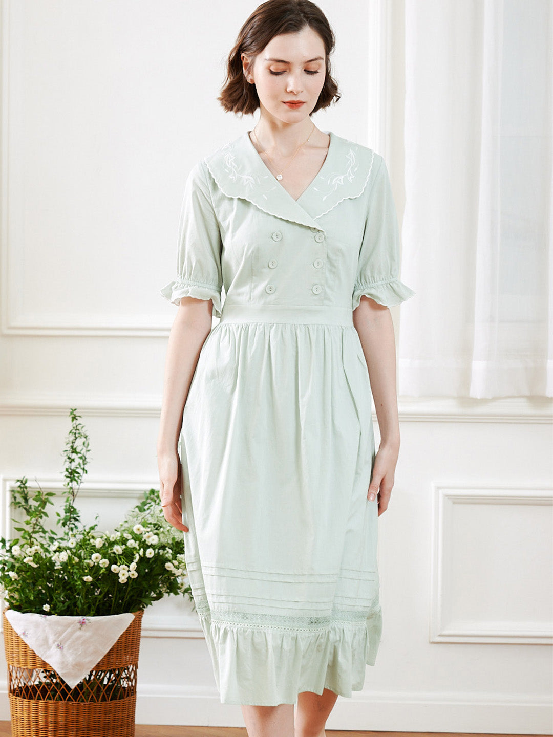 【Final Sale】Leyla Vintage Lapel Embroidered Cotton Dress
