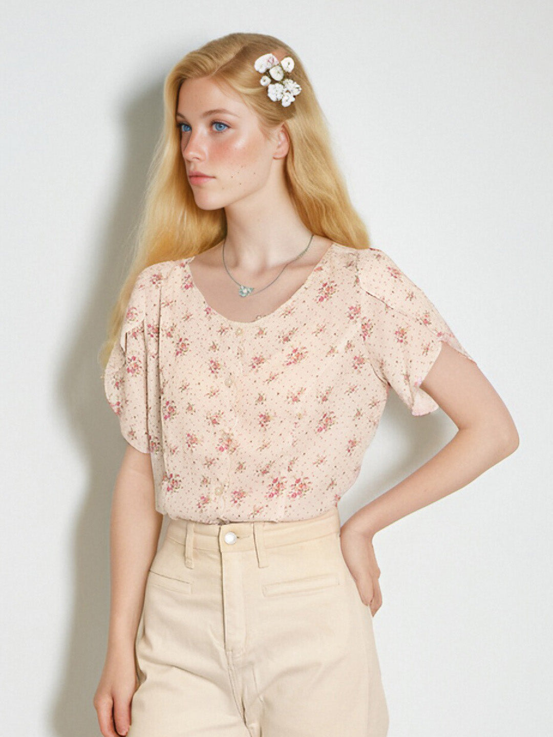 【Final Sale】Emilia Wave Collar Floral Blouse