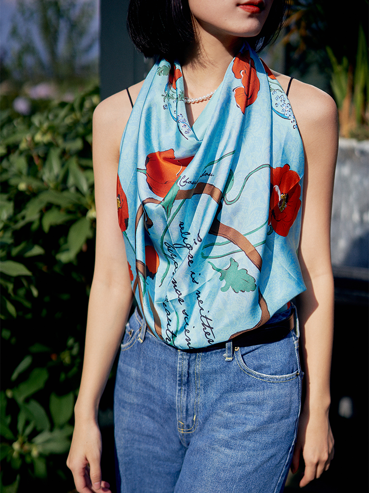 Chowxiaodou Rose Print Twill Silk Square Scarf-Sky Blue