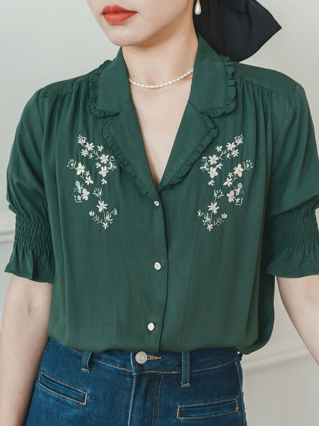 Alicia Floral Embroidery V-Neck Blouse