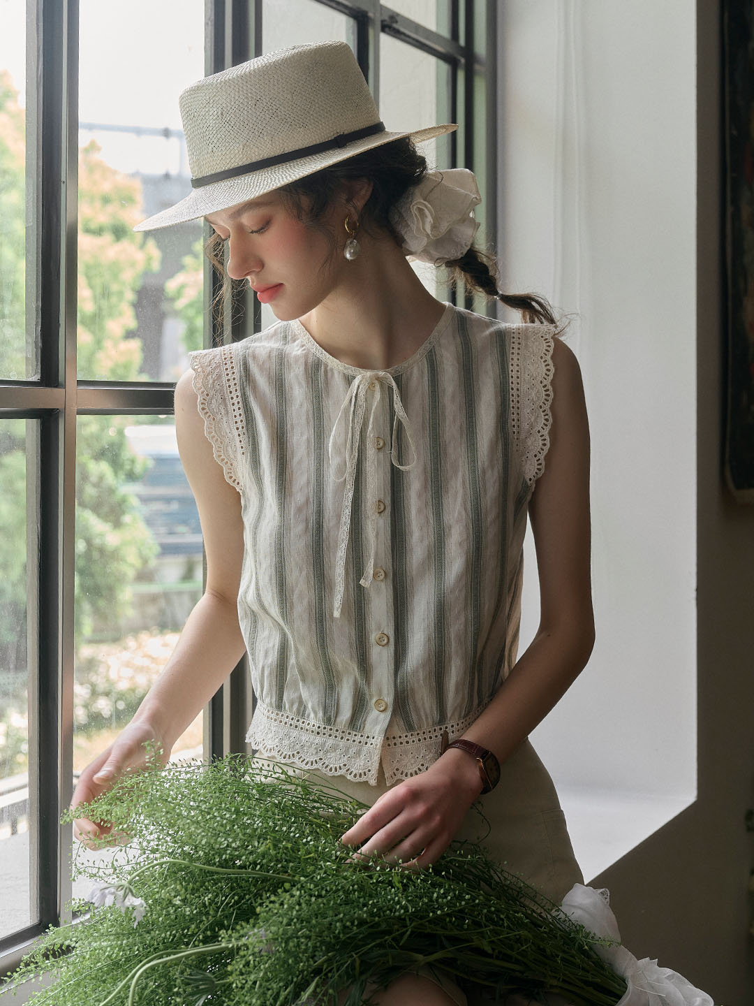 Arielle Bow Crew Neck Lace-paneled Striped Sleeveless Cotton Top