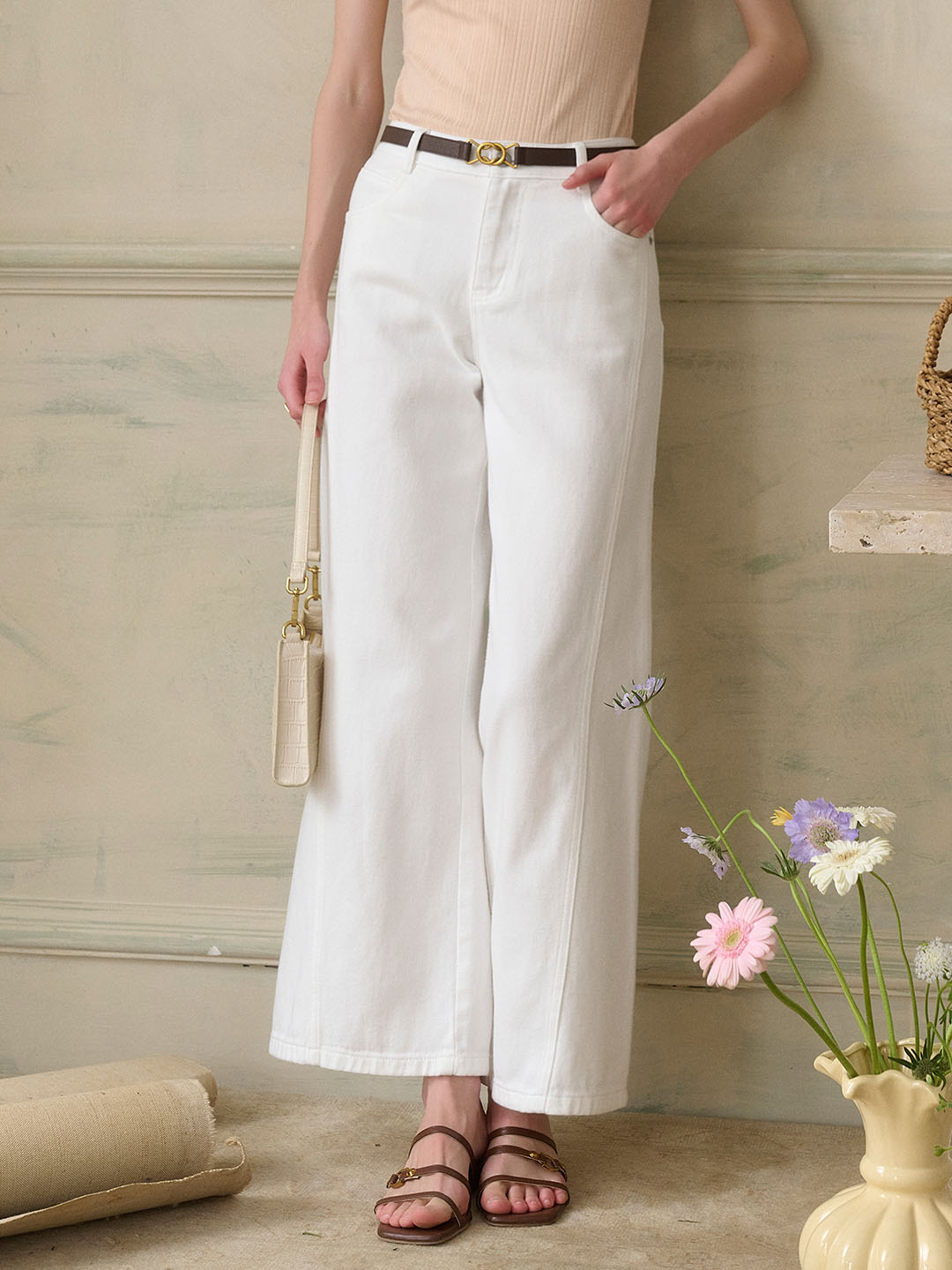 Katalina Vintage Low Rise Straight Leg Wide Leg Cotton Jeans-White