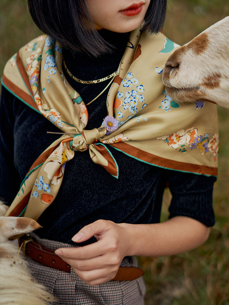 Chowxiaodou Rose Print Twill Silk Square Scarf-Yellow