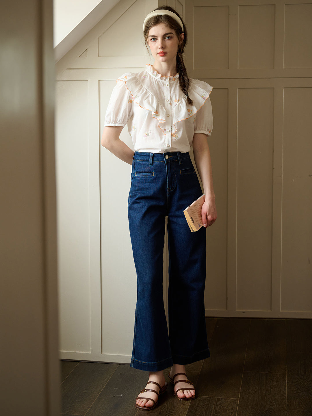 【Final Sale】Emmalyn Mock Neck Ruffle Embroidered Cotton Blouse