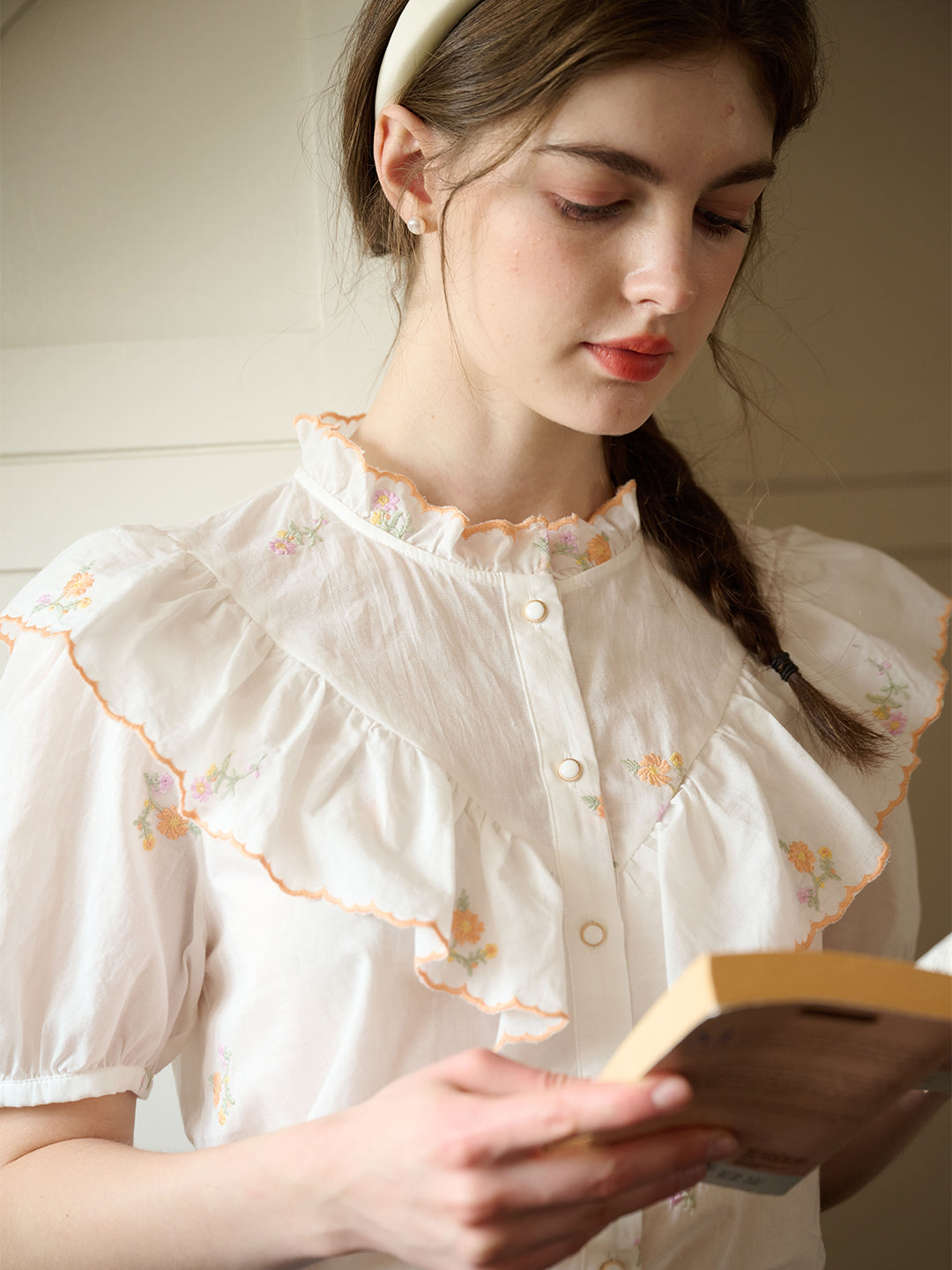 【Final Sale】Emmalyn Mock Neck Ruffle Embroidered Cotton Blouse