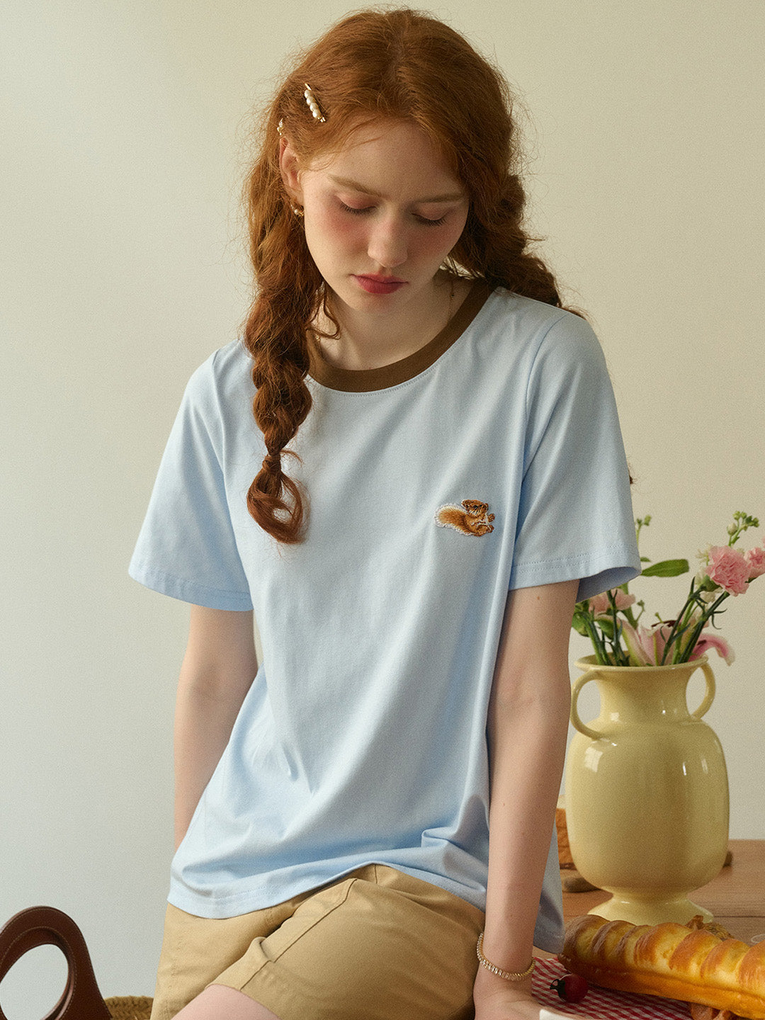 【Final Sale】Daphne Round Neck Embroidery 100% Cotton T-shirt