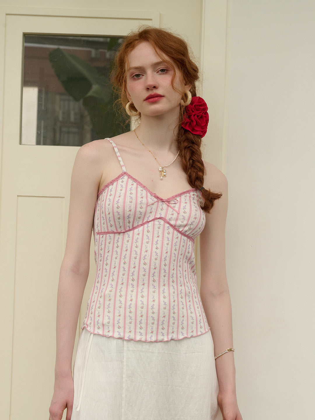 【Final Sale】Elouise Floral Striped  Lace-up Pink Suspender Top